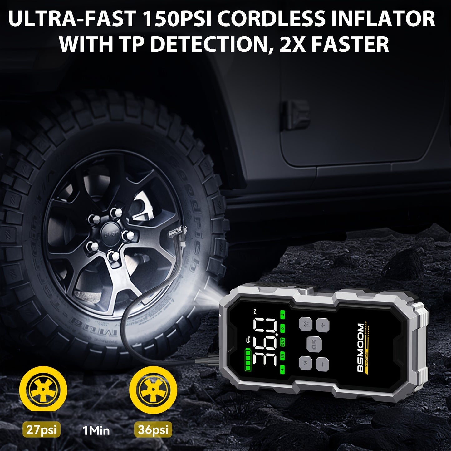 BSMOOM 4-in-1 Car Jump Starter with Air Compressor – 7000A, Power Bank & LED Light/Car