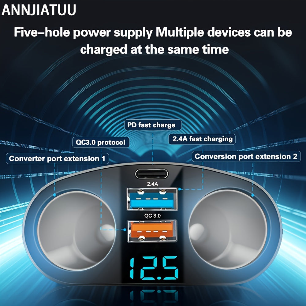 ANNJIATUU Multi-Port Car Power Adapter – QC3.0 Fast Charger with LED Voltage Monitor (12V–24V)/Car