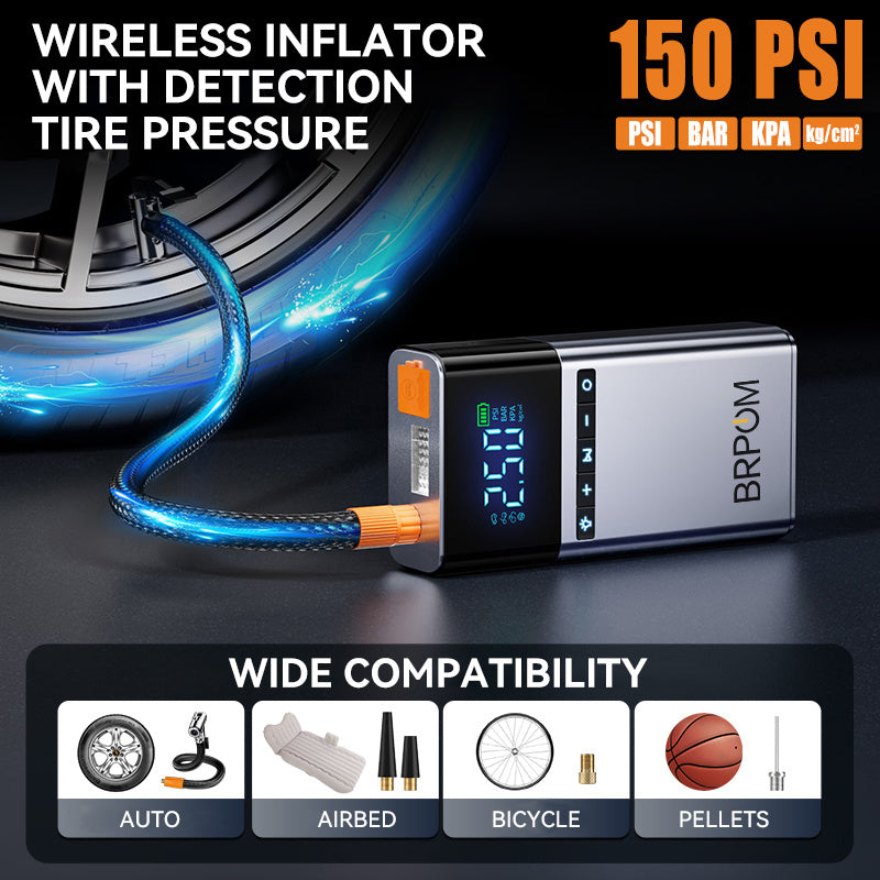 BRPOM 4-in-1 Wireless Car Jump Starter – 150 PSI Inflator, Power Bank & LED FlashlightCar