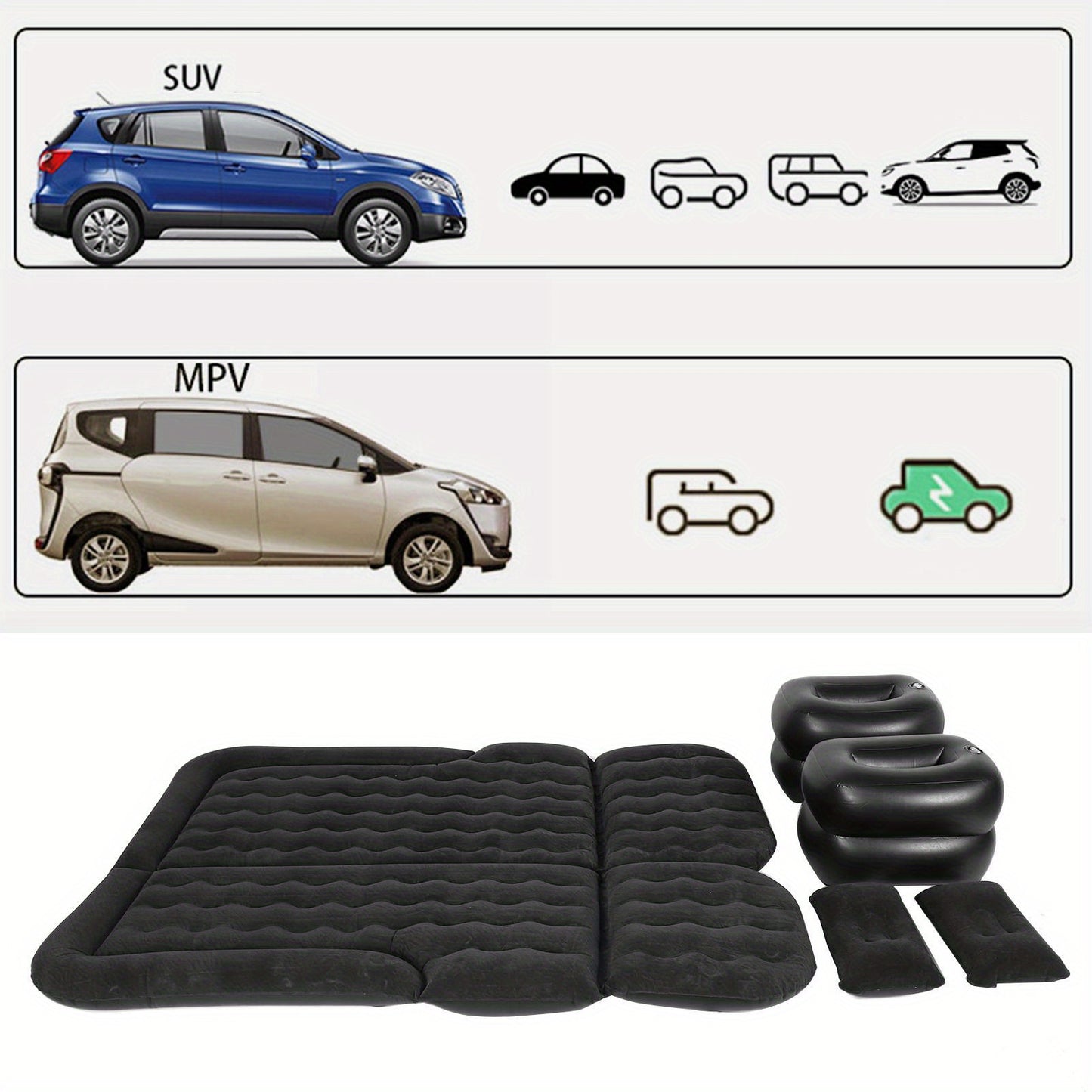 SUV Inflatable Car Air Mattress – Camping Bed Kit with Pillows & Pump (174x126cm)/Car