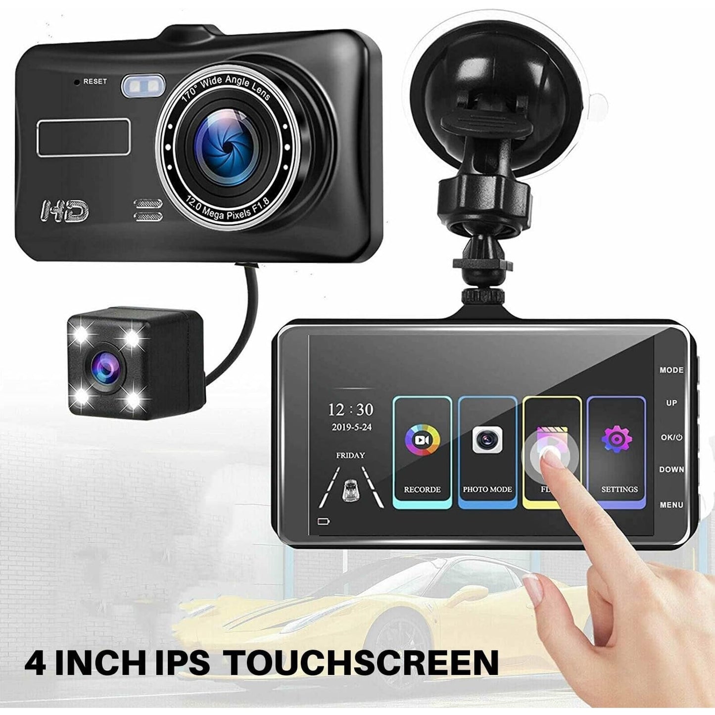 1080P Full HD Touchscreen Dash Cam – Front & Rear Cameras with Night Vision & G-Sensor/Car