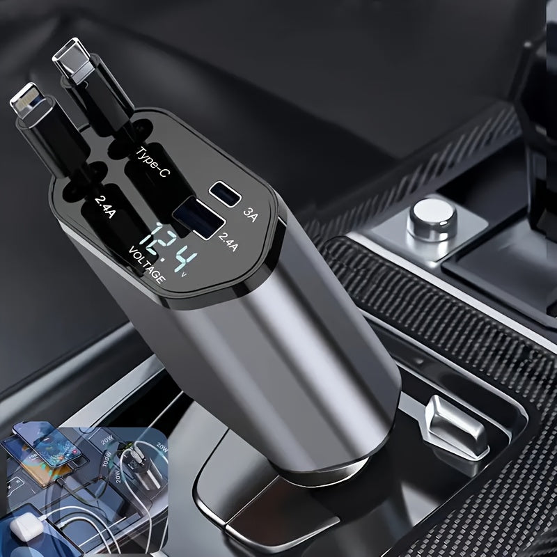 4-in-1 Retractable Car Charger – 120W Fast Charging with USB-C, Lightning, & Adjustable Head (36V Max)/Car