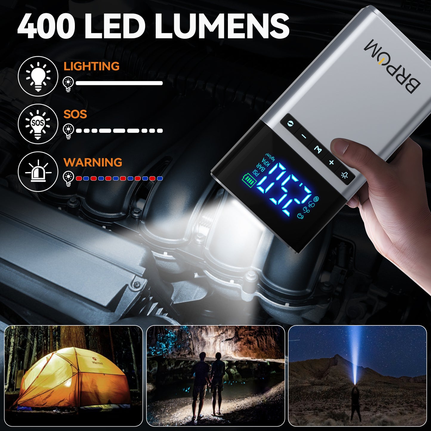 BRPOM 4-in-1 Wireless Car Jump Starter – 150 PSI Inflator, Power Bank & LED FlashlightCar