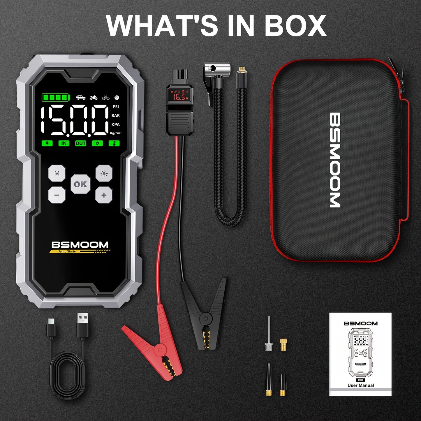 BSMOOM 4-in-1 Car Jump Starter with Air Compressor – 7000A, Power Bank & LED Light/Car