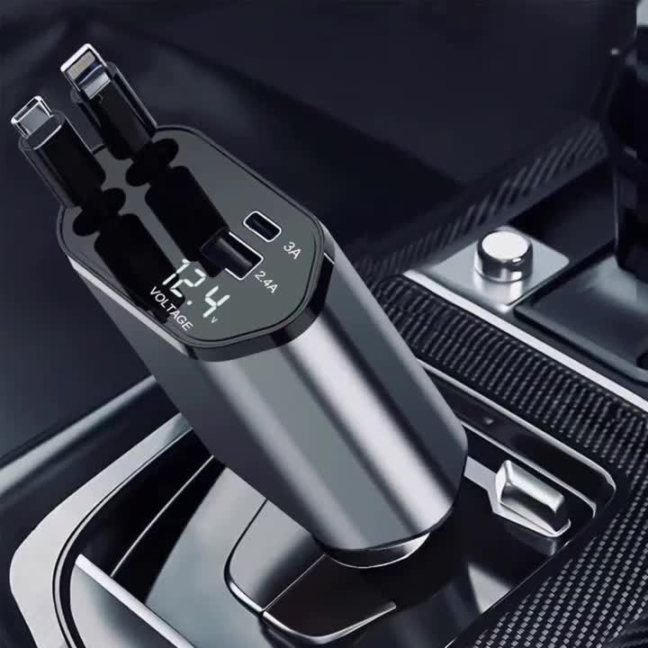 4-in-1 Retractable Car Charger – 120W Fast Charging with USB-C, Lightning, & Adjustable Head (36V Max)/Car