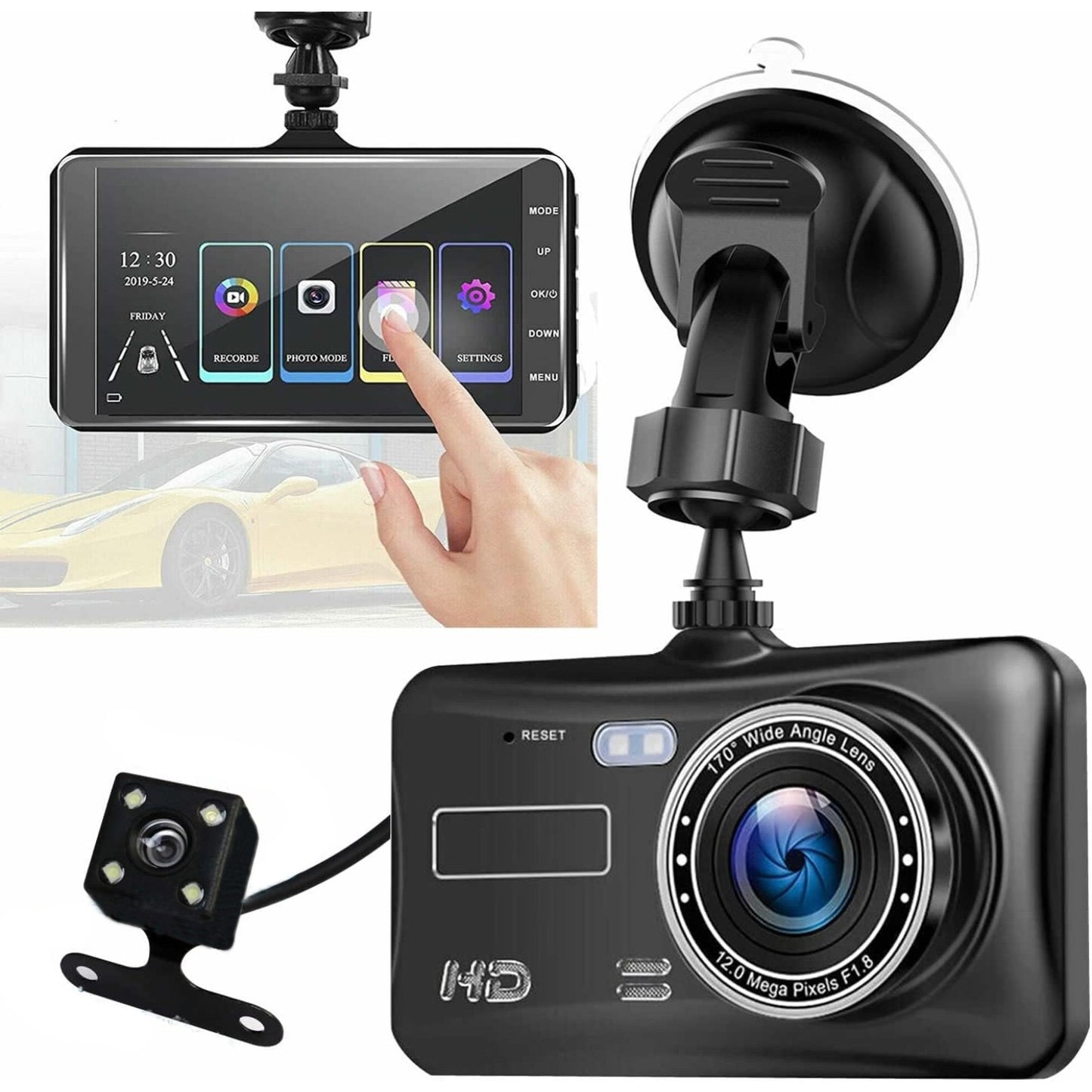 1080P Full HD Touchscreen Dash Cam – Front & Rear Cameras with Night Vision & G-Sensor/Car