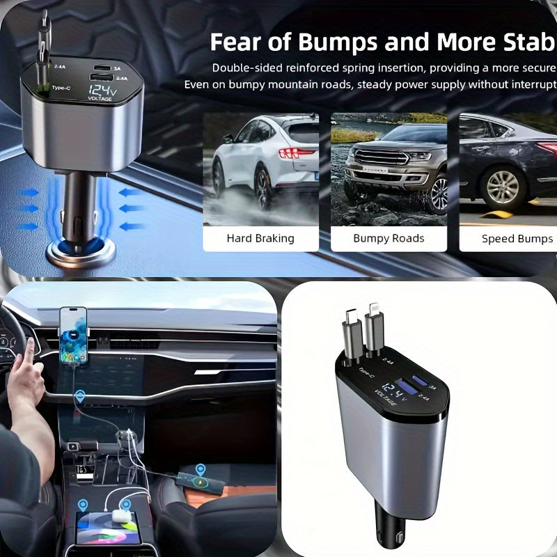 4-in-1 Retractable Car Charger – 120W Fast Charging with USB-C, Lightning, & Adjustable Head (36V Max)/Car