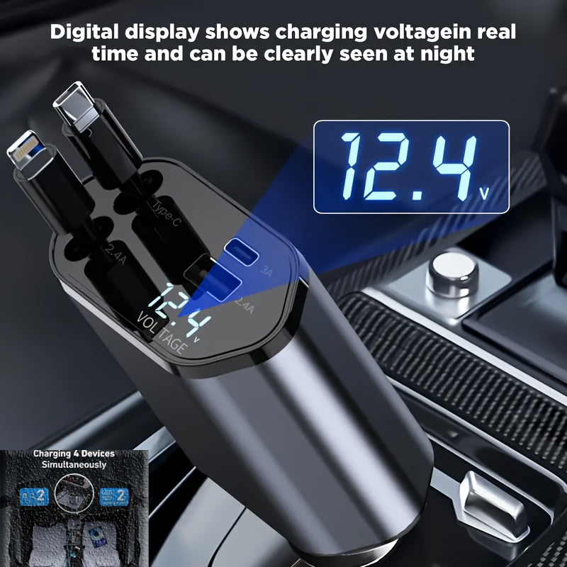 4-in-1 Retractable Car Charger – 120W Fast Charging with USB-C, Lightning, & Adjustable Head (36V Max)/Car
