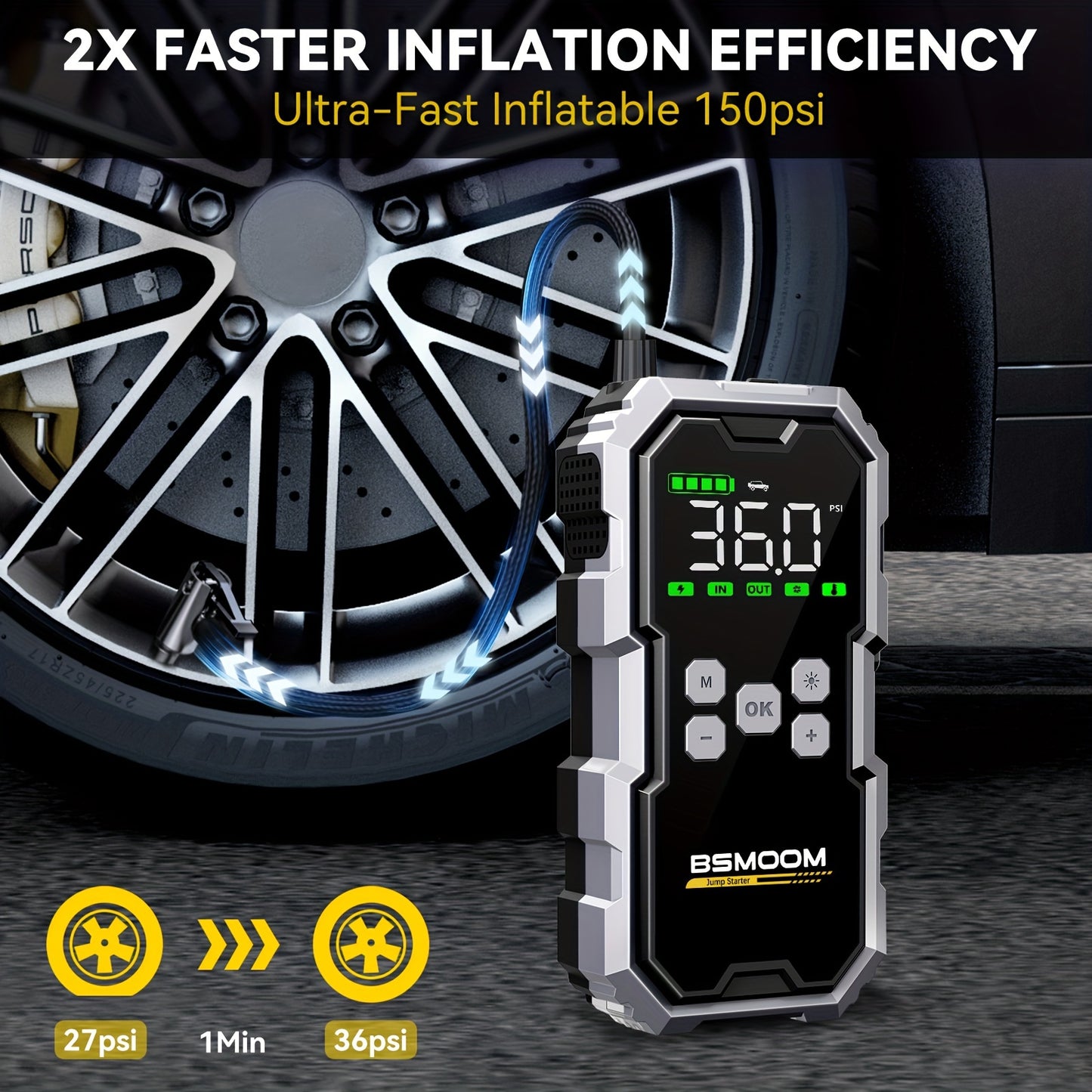 BSMOOM 4-in-1 Car Jump Starter with Air Compressor – 7000A, Power Bank & LED Light/Car