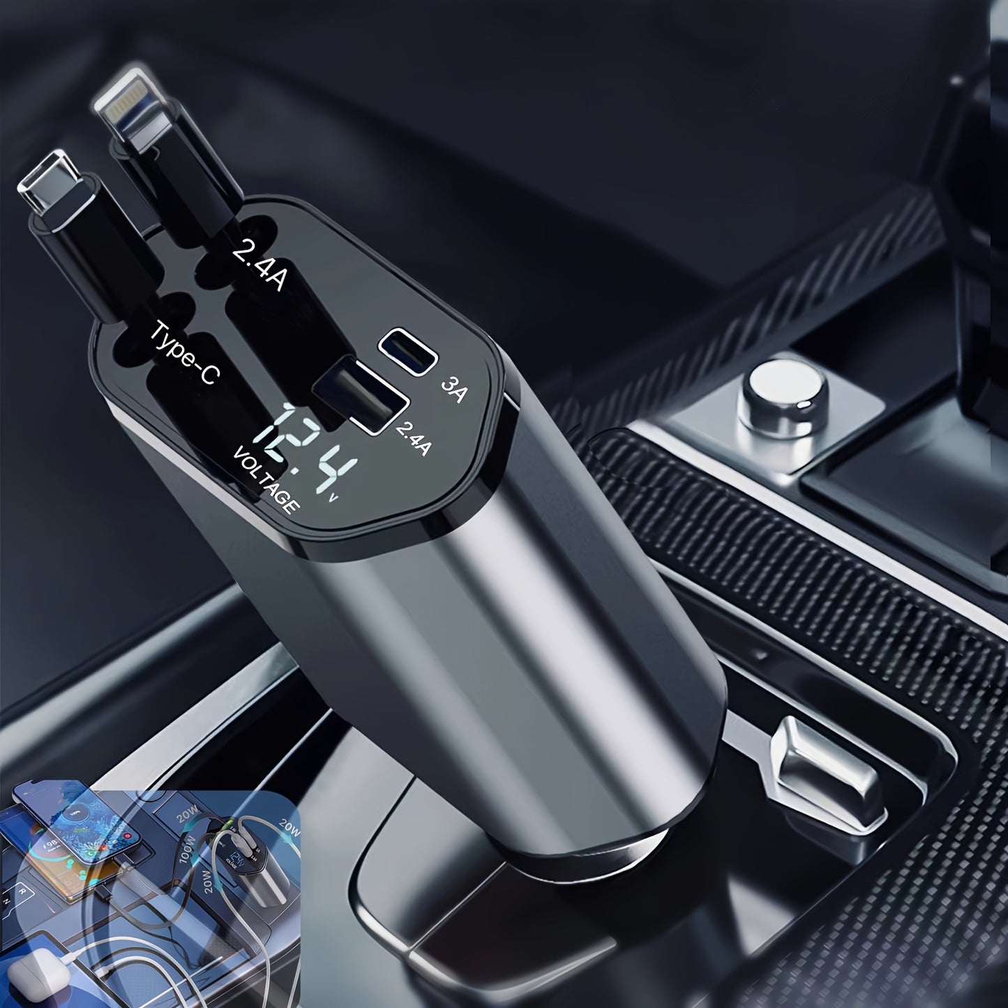 4-in-1 Retractable Car Charger – 120W Fast Charging with USB-C, Lightning, & Adjustable Head (36V Max)/Car