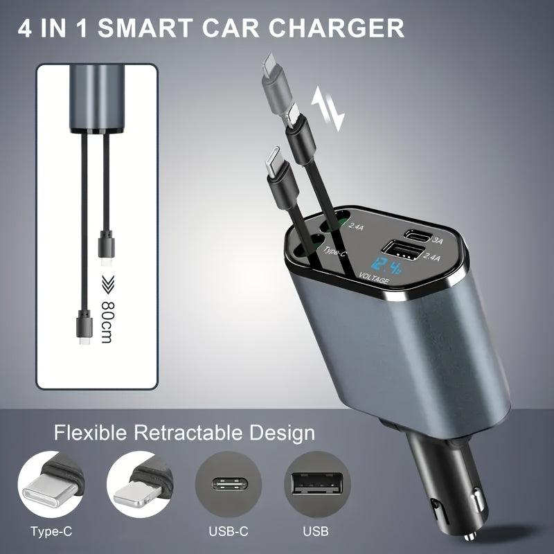 4-in-1 Retractable Car Charger – 120W Fast Charging with USB-C, Lightning, & Adjustable Head (36V Max)/Car