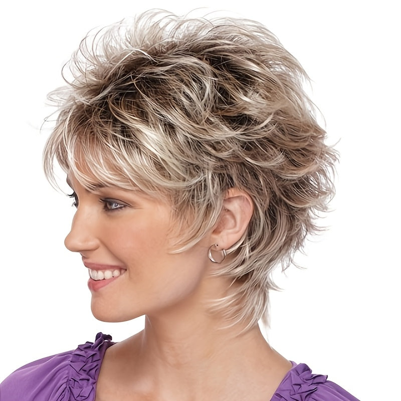 Short Feathered Pixie Wig – Blonde Layered Cut with Bangs, Breathable Cap/Crown & Glory Wigs