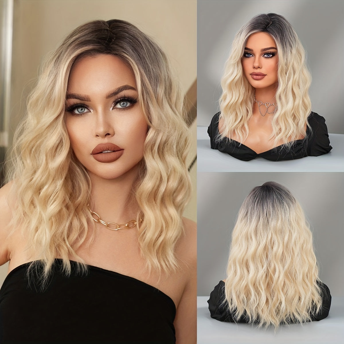 18" Ombre Blonde Deep Wave Wig – Shoulder-Length Vacation Style with Rose Net CapCrown & Glory Wigs