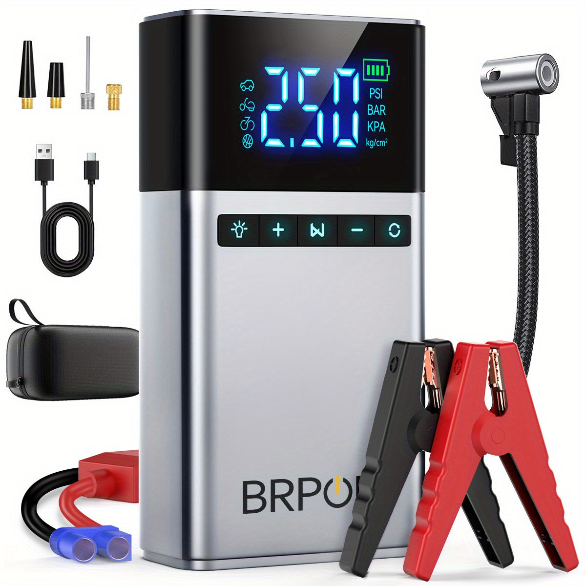 BRPOM 4-in-1 Wireless Car Jump Starter – 150 PSI Inflator, Power Bank & LED FlashlightCar
