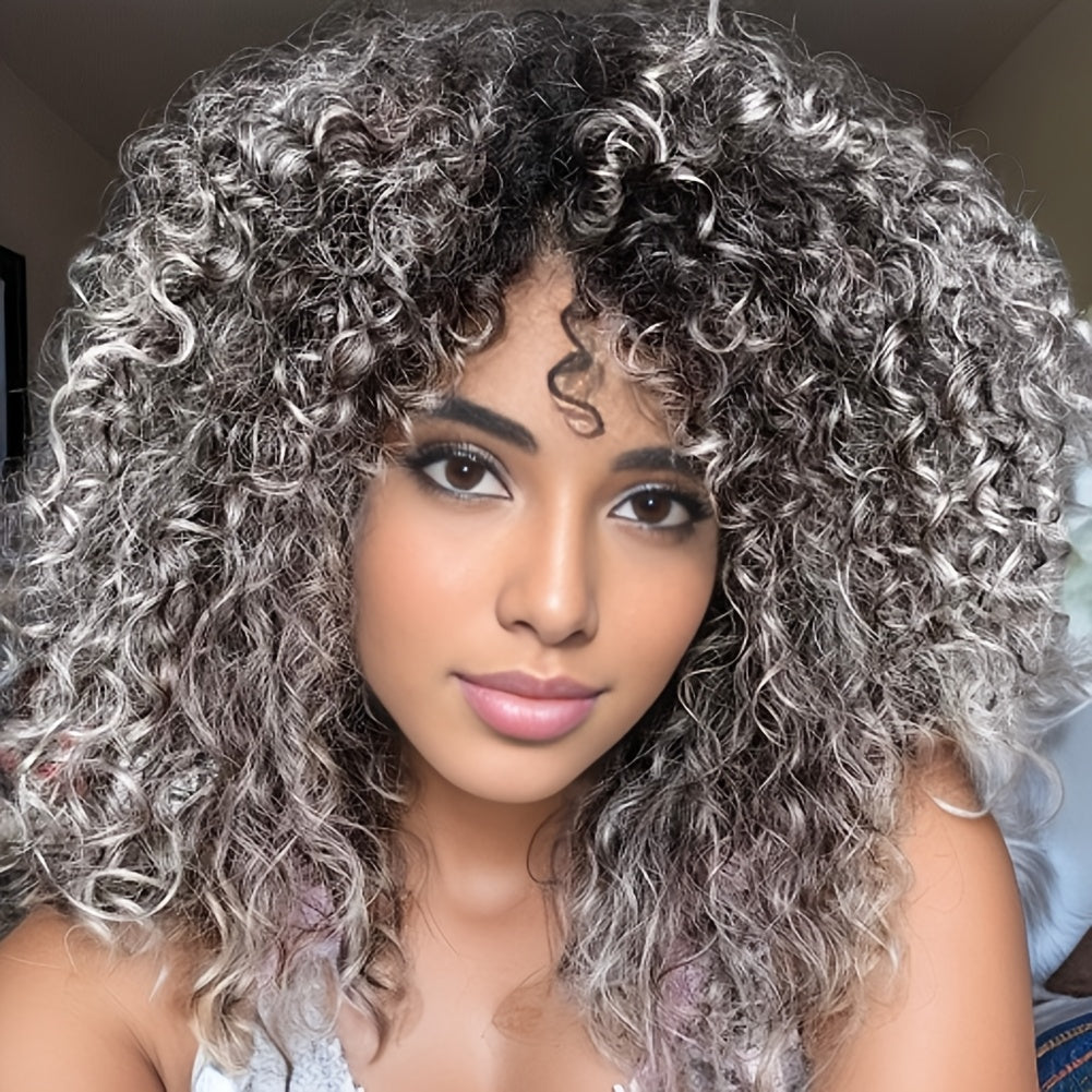 Elegant Afro Kinky Curly Gray Wig with Bangs – Breathable Rose Net Cap/Crown & Glory Wigs