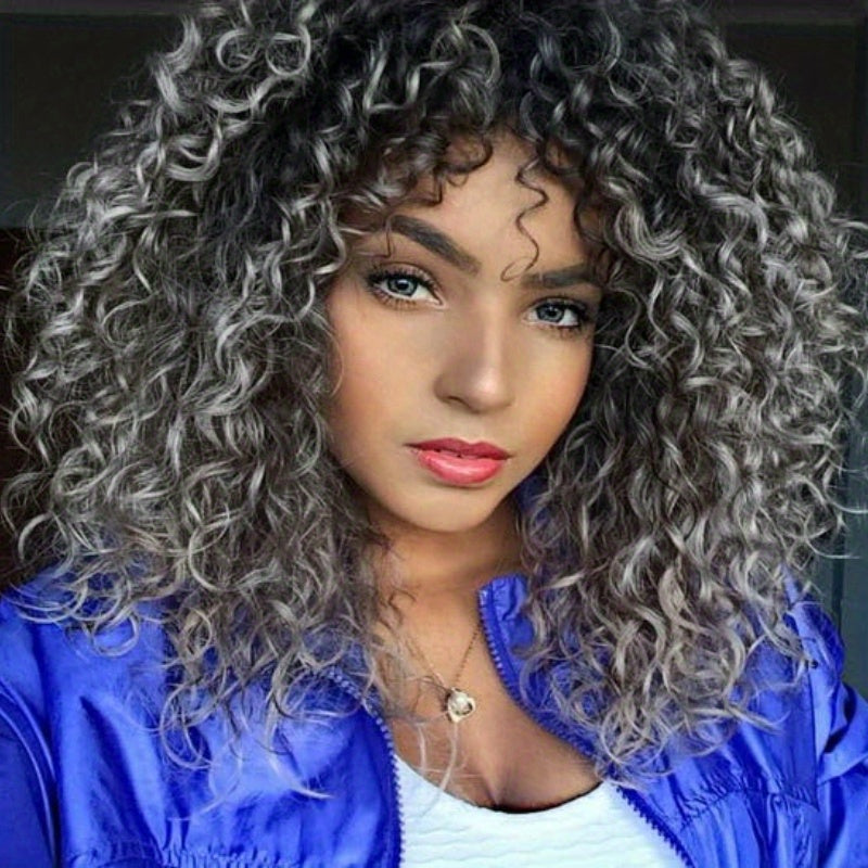 Elegant Afro Kinky Curly Gray Wig with Bangs – Breathable Rose Net Cap/Crown & Glory Wigs