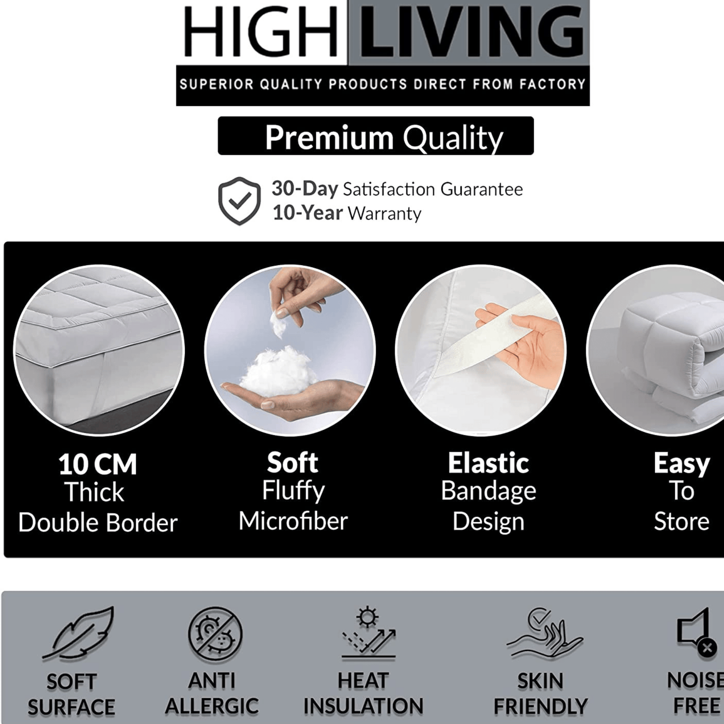 HIGH LIVING 4-Inch Mattress Topper – Hypoallergenic, Plush Polyester with Elastic Corners/Bedroom