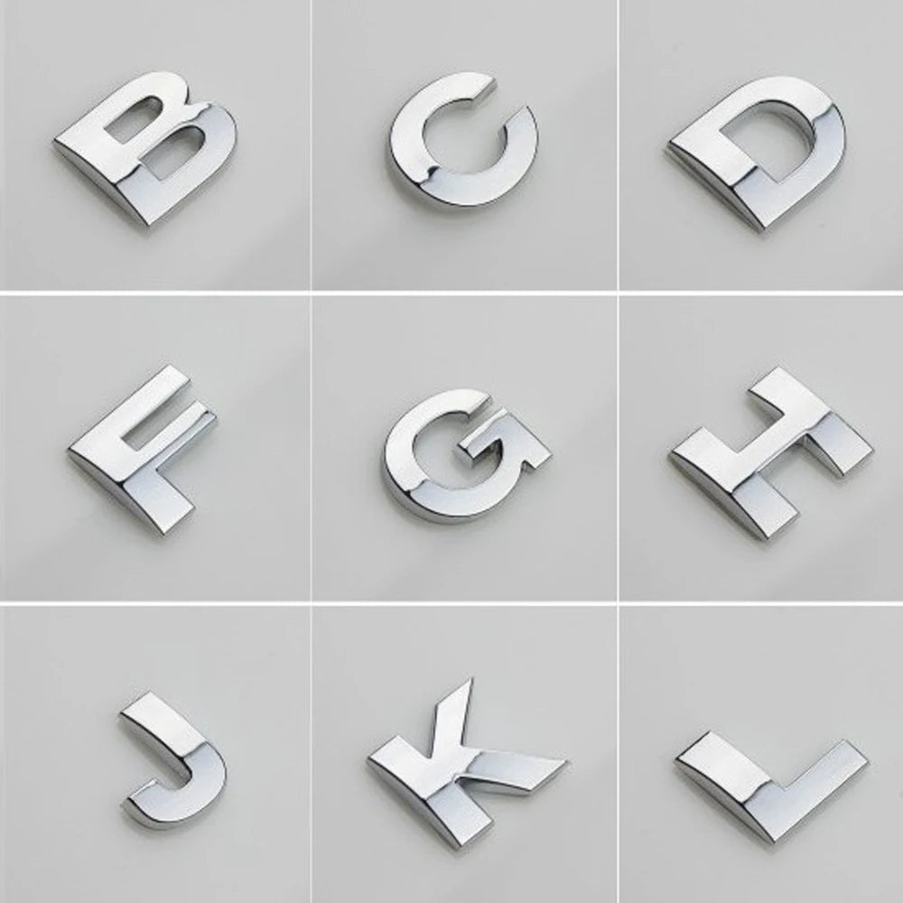 3D Silver Alloy Letter & Number Car Emblem Sticker – A–Z & 0–9/Car