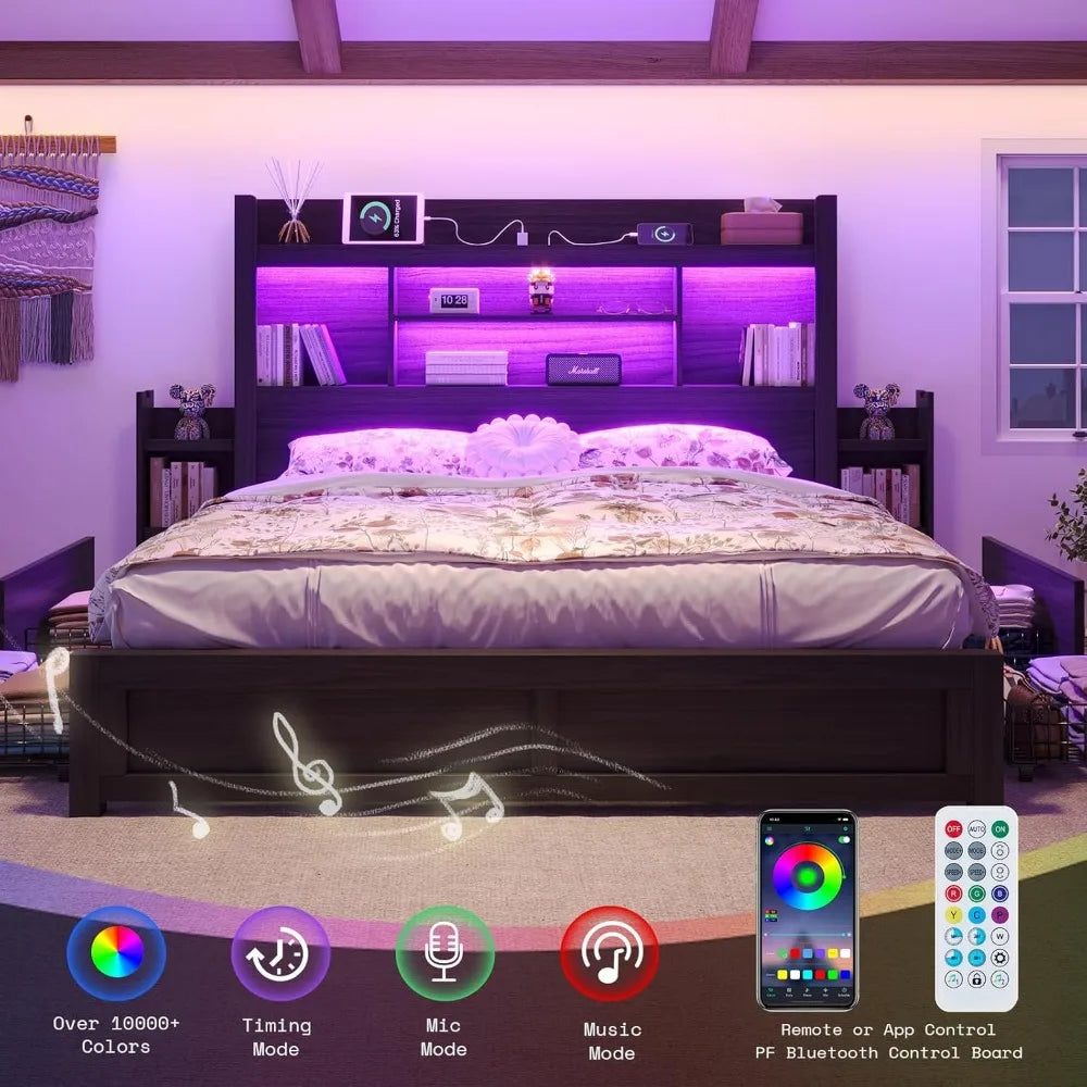MKDK Smart Storage Bed Frame – Wood Grain Finish with Drawers, Headboard Charging & RGB LED Living Room Decor – Wall Art, Curtains, Clocks, Furniture & More\