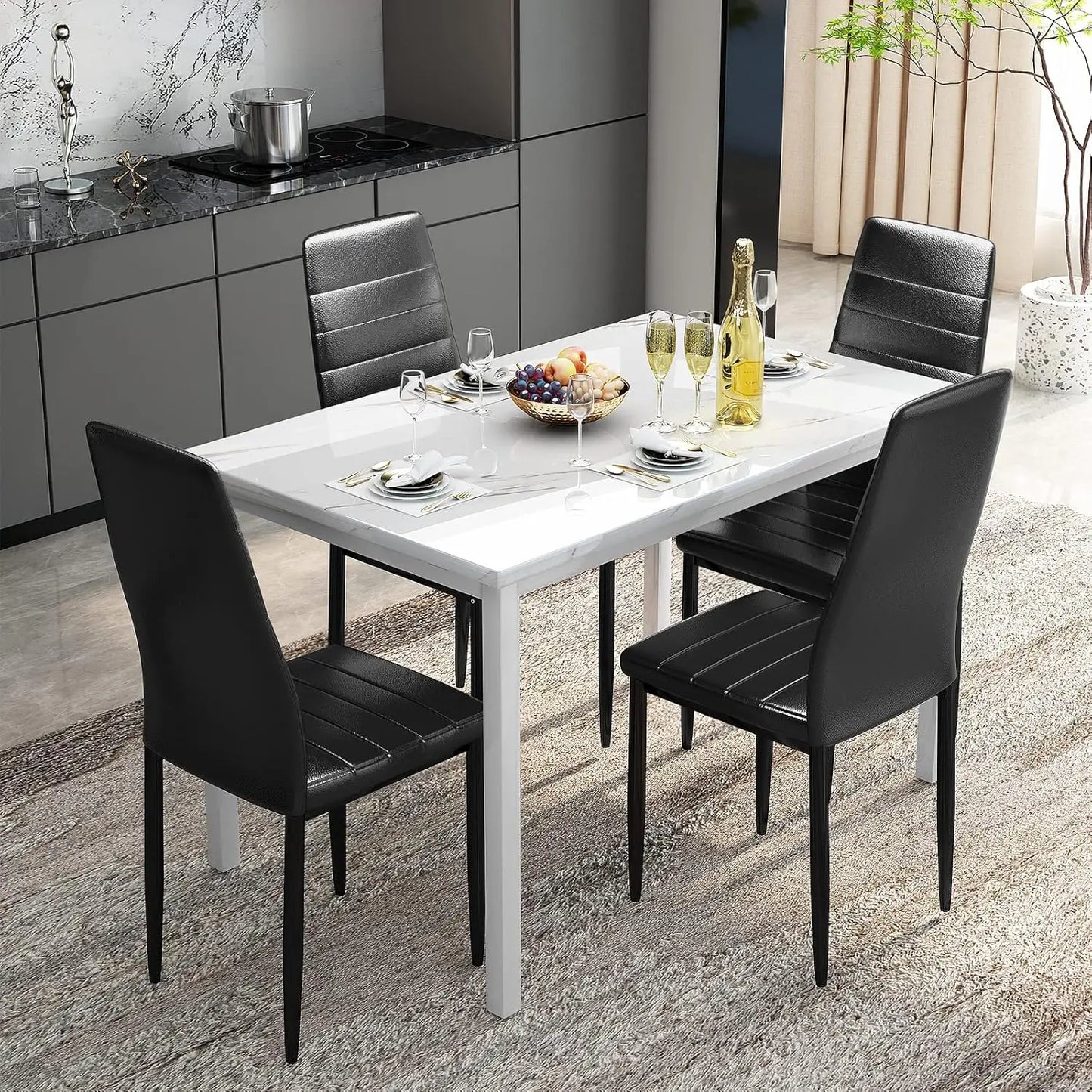 XMSJ 5-Piece Dining Table Set – Marble-Style Top with 4 PU Leather Chairs Living Room Decor – Wall Art, Curtains, Clocks, Furniture & More\