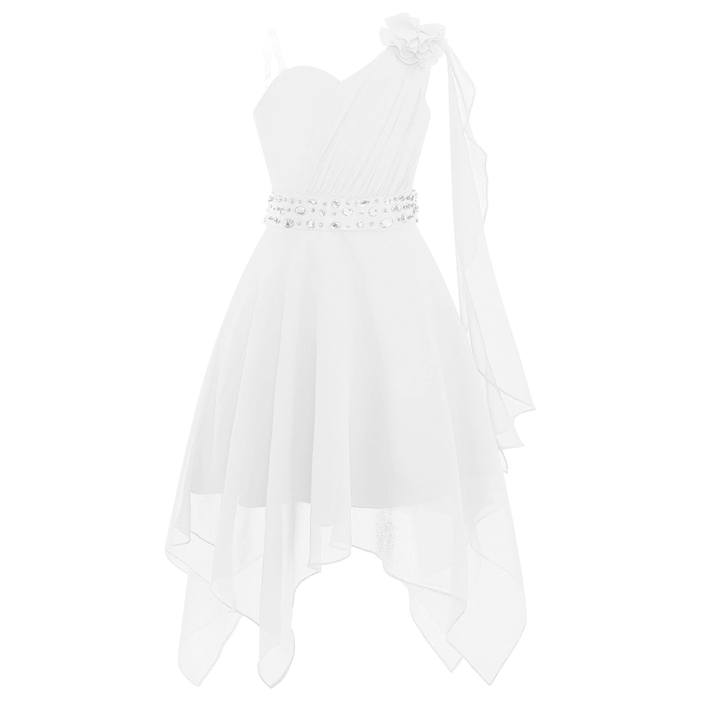 Girl clothing - Chiffon Flower Dress – Elegant One-Shoulder Party Gown with Rhinestone Sash