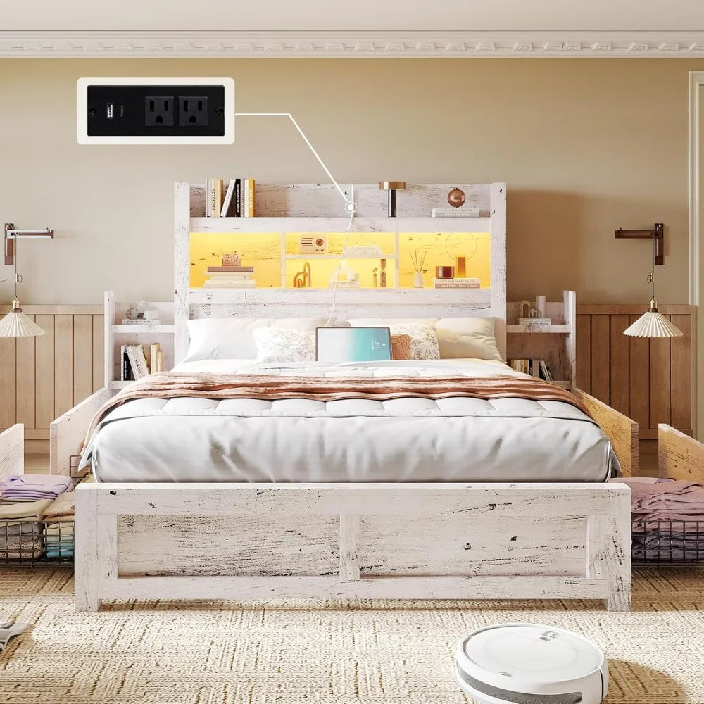 MKDK Smart Storage Bed Frame – Wood Grain Finish with Drawers, Headboard Charging & RGB LED Living Room Decor – Wall Art, Curtains, Clocks, Furniture & More\