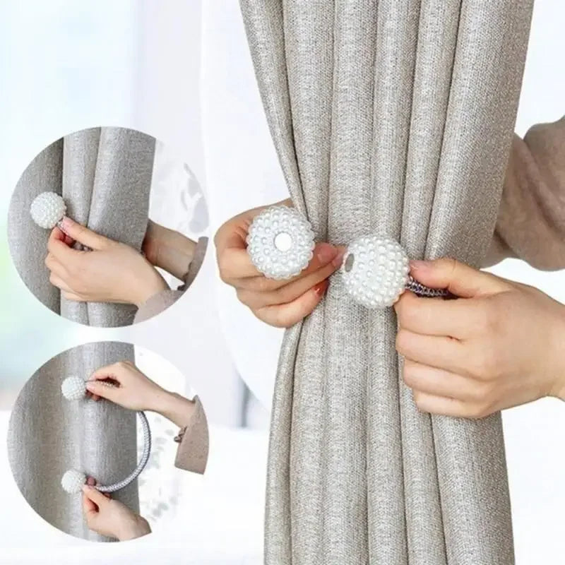 Magnetic Curtain Tiebacks – Modern Pearl Ball Buckles with Braided Cord (Set of 2) Living Room Decor – Wall Art, Curtains, Clocks, Furniture & More\