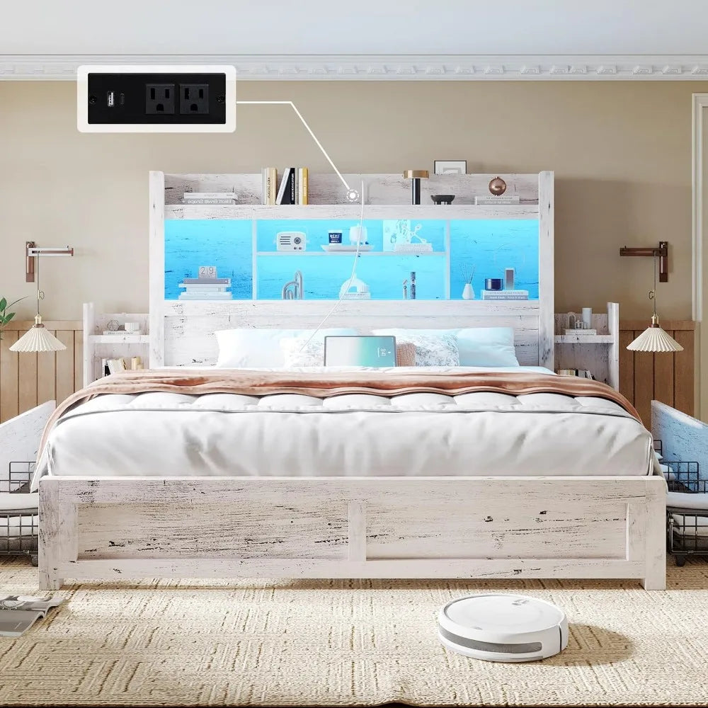 MKDK Smart Storage Bed Frame – Wood Grain Finish with Drawers, Headboard Charging & RGB LED Living Room Decor – Wall Art, Curtains, Clocks, Furniture & More\