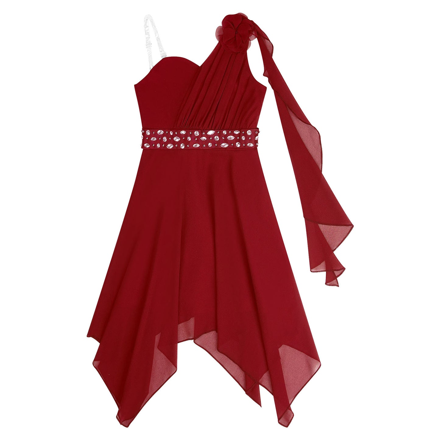 Girl clothing - Chiffon Flower Dress – Elegant One-Shoulder Party Gown with Rhinestone Sash
