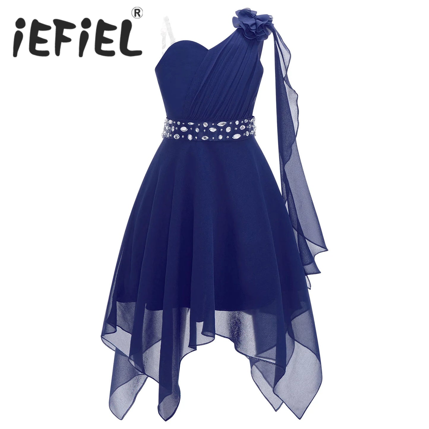 Girl clothing - Chiffon Flower Dress – Elegant One-Shoulder Party Gown with Rhinestone Sash