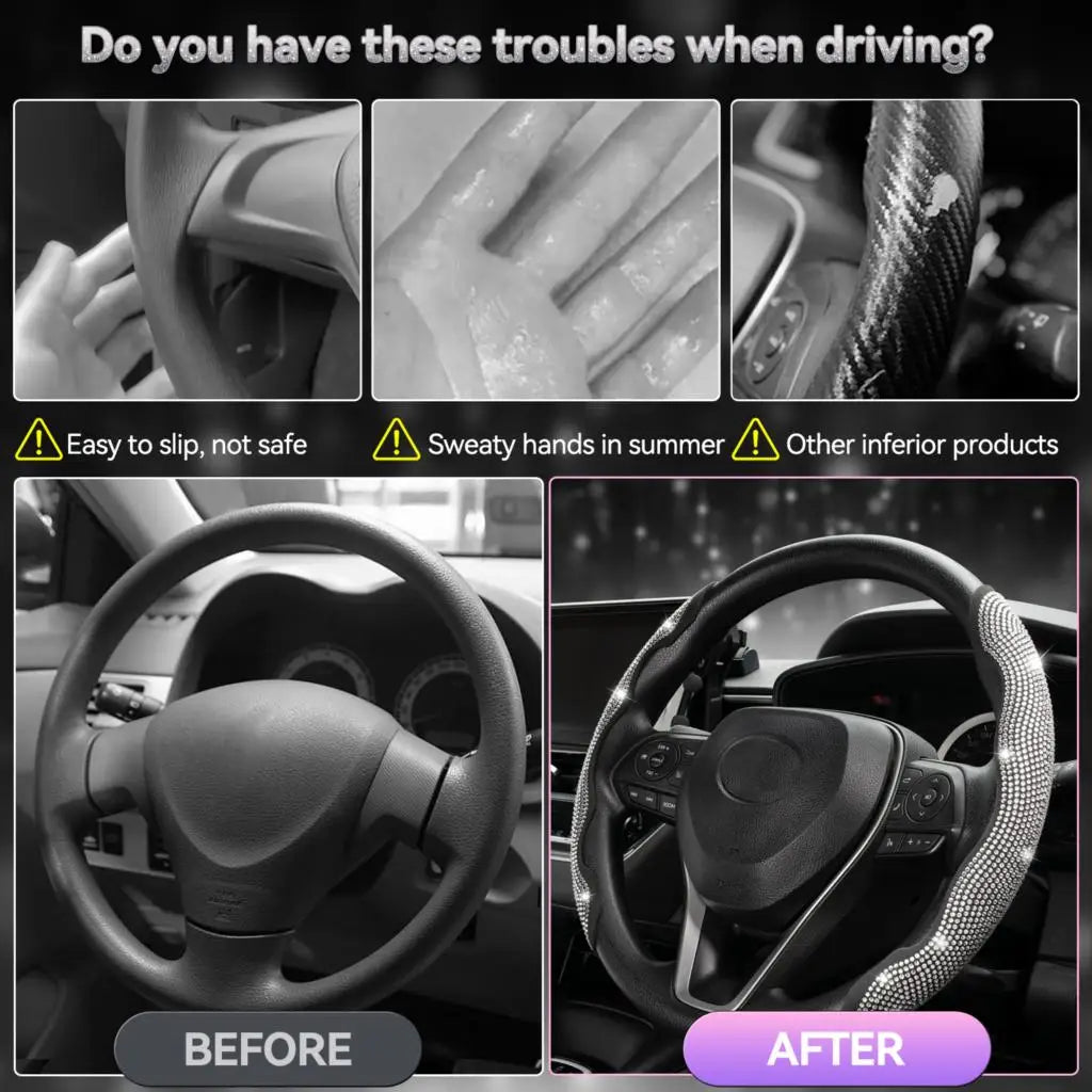 2Pcs Rhinestone Steering Wheel Cover Set – Anti-Slip, Universal Fit (36–41cm)/Car