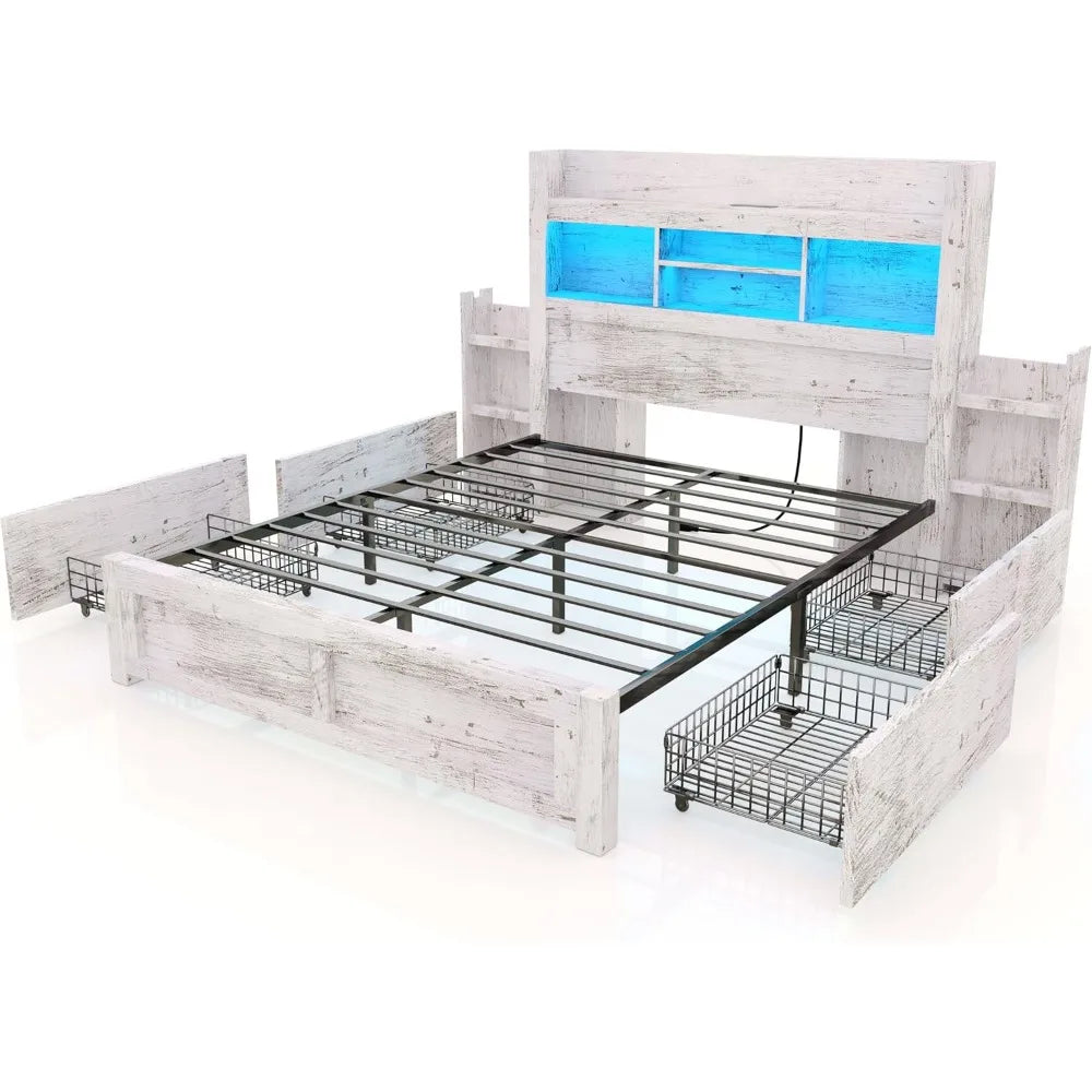 MKDK Smart Storage Bed Frame – Wood Grain Finish with Drawers, Headboard Charging & RGB LED Living Room Decor – Wall Art, Curtains, Clocks, Furniture & More\