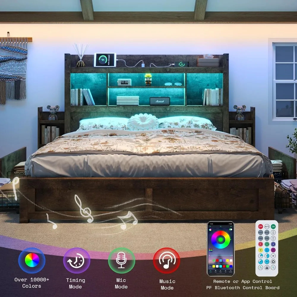 MKDK Smart Storage Bed Frame – Wood Grain Finish with Drawers, Headboard Charging & RGB LED Living Room Decor – Wall Art, Curtains, Clocks, Furniture & More\
