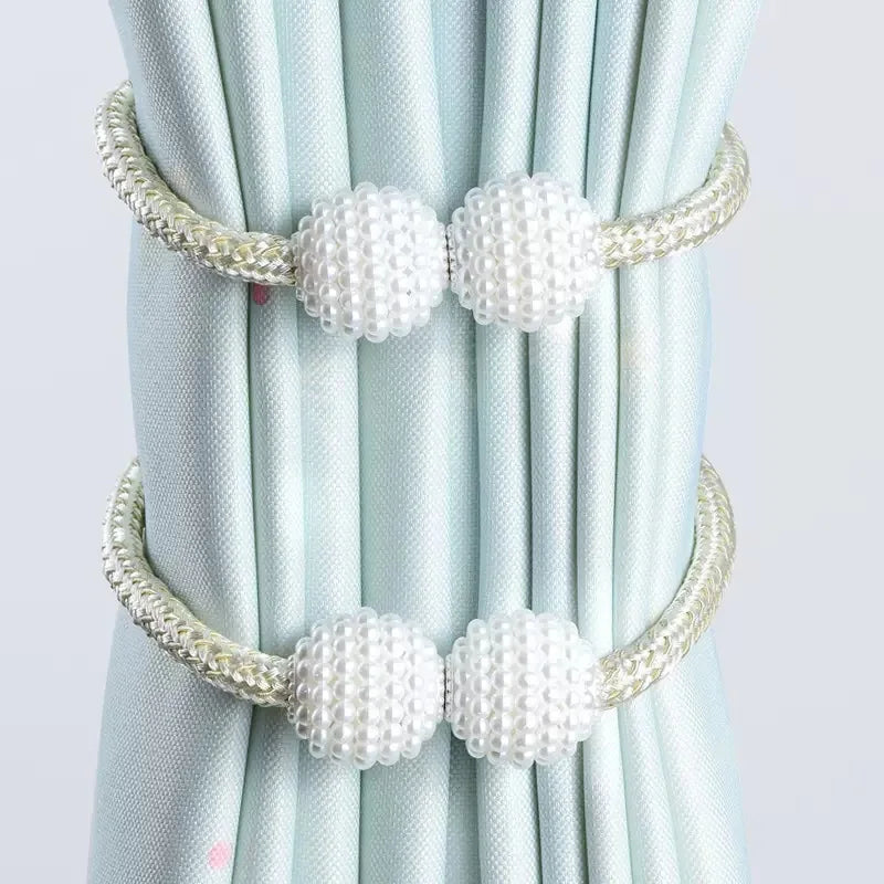 Magnetic Curtain Tiebacks – Modern Pearl Ball Buckles with Braided Cord (Set of 2) Living Room Decor – Wall Art, Curtains, Clocks, Furniture & More\