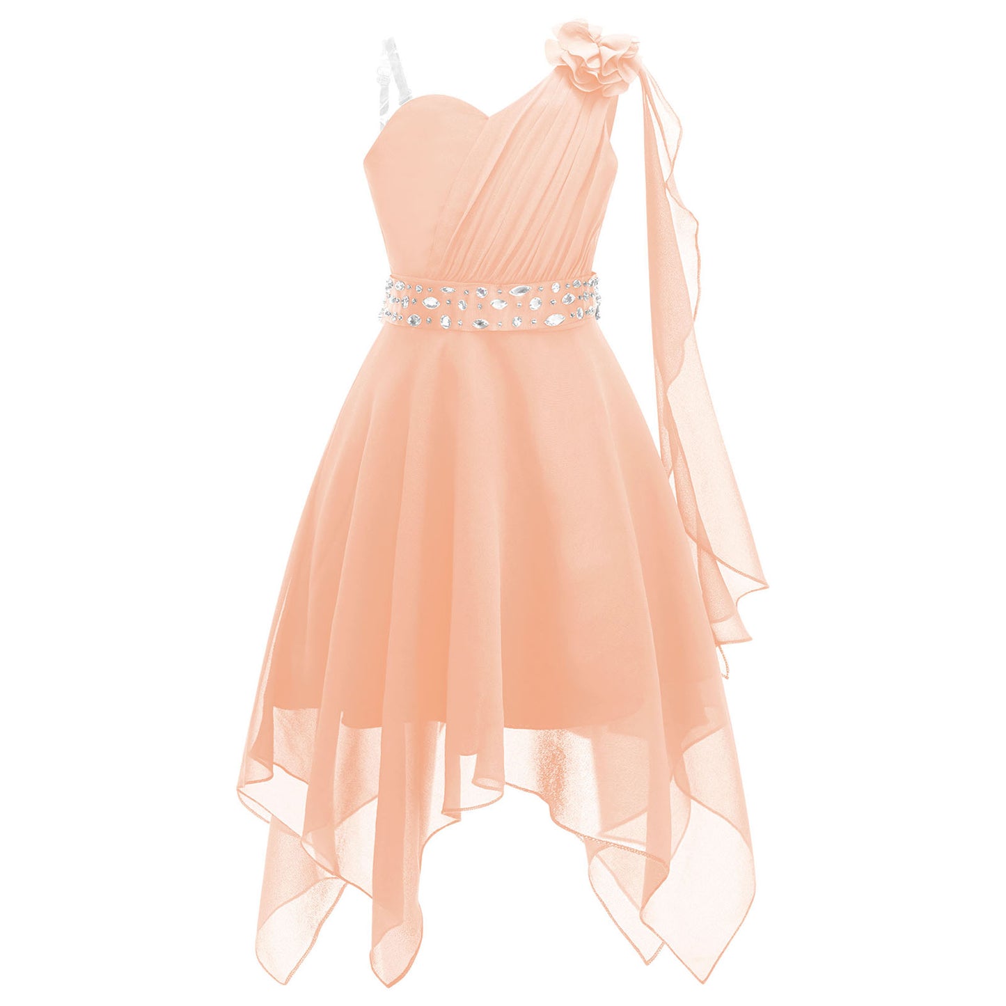 Girl clothing - Chiffon Flower Dress – Elegant One-Shoulder Party Gown with Rhinestone Sash