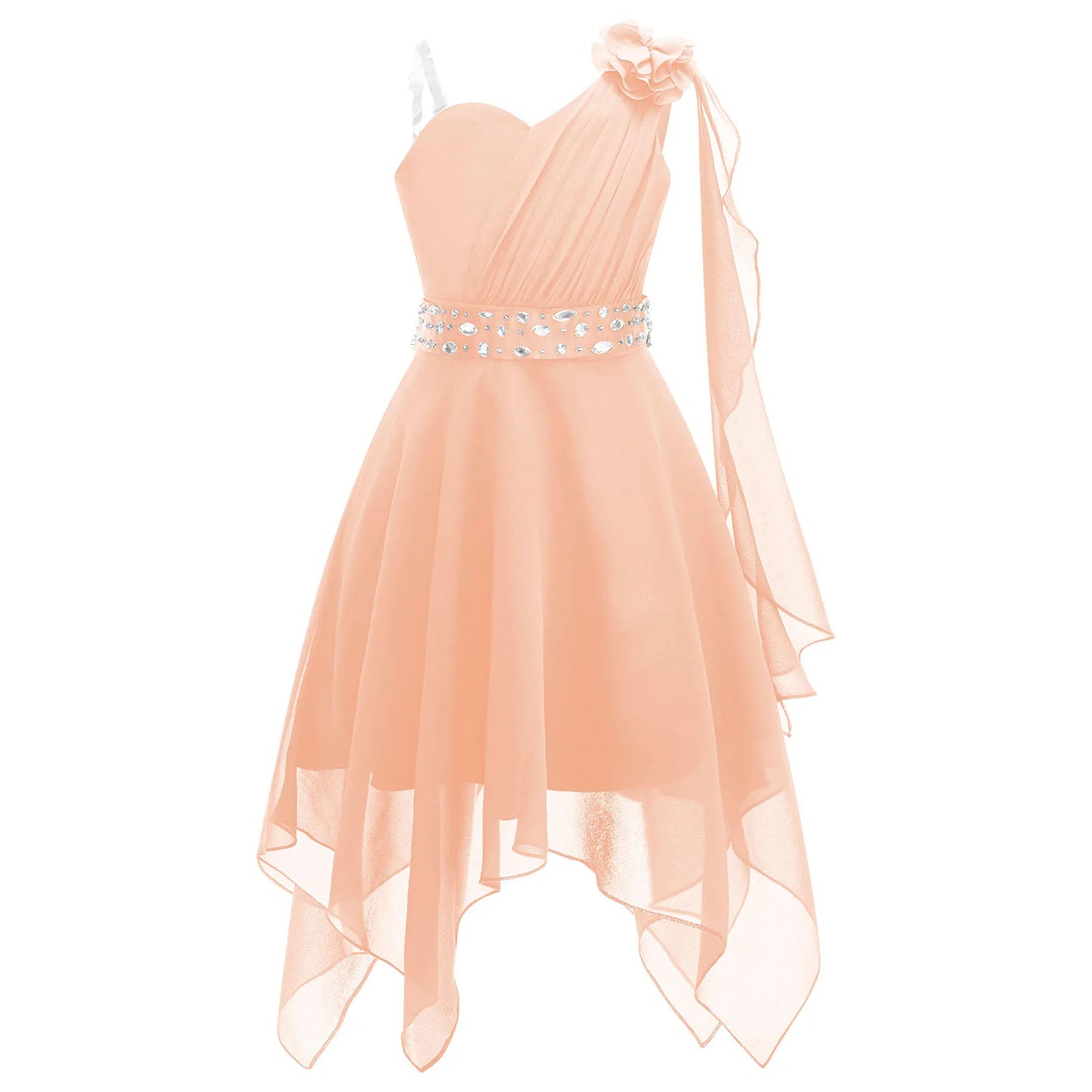 Girl clothing - Chiffon Flower Dress – Elegant One-Shoulder Party Gown with Rhinestone Sash