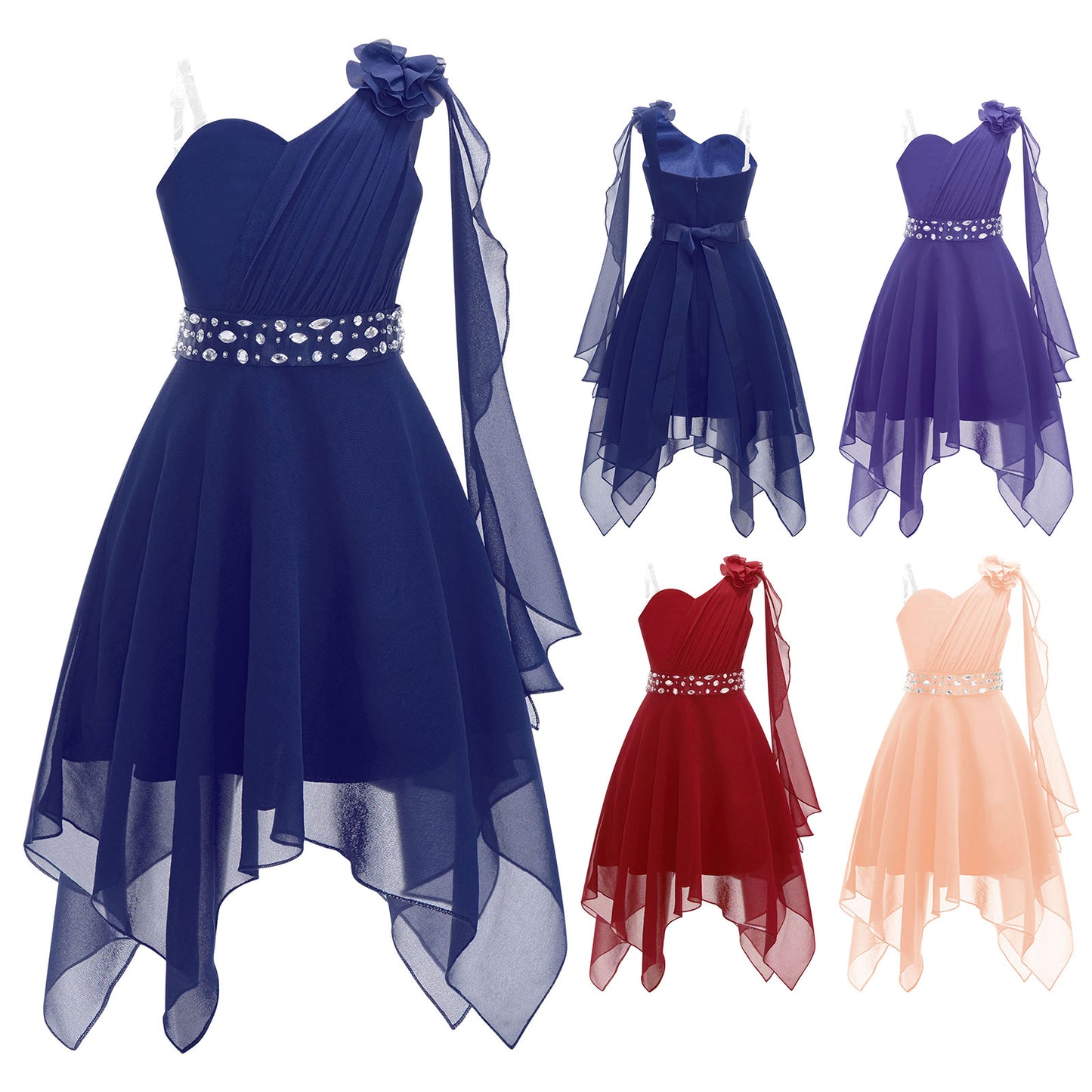 Girl clothing - Chiffon Flower Dress – Elegant One-Shoulder Party Gown with Rhinestone Sash