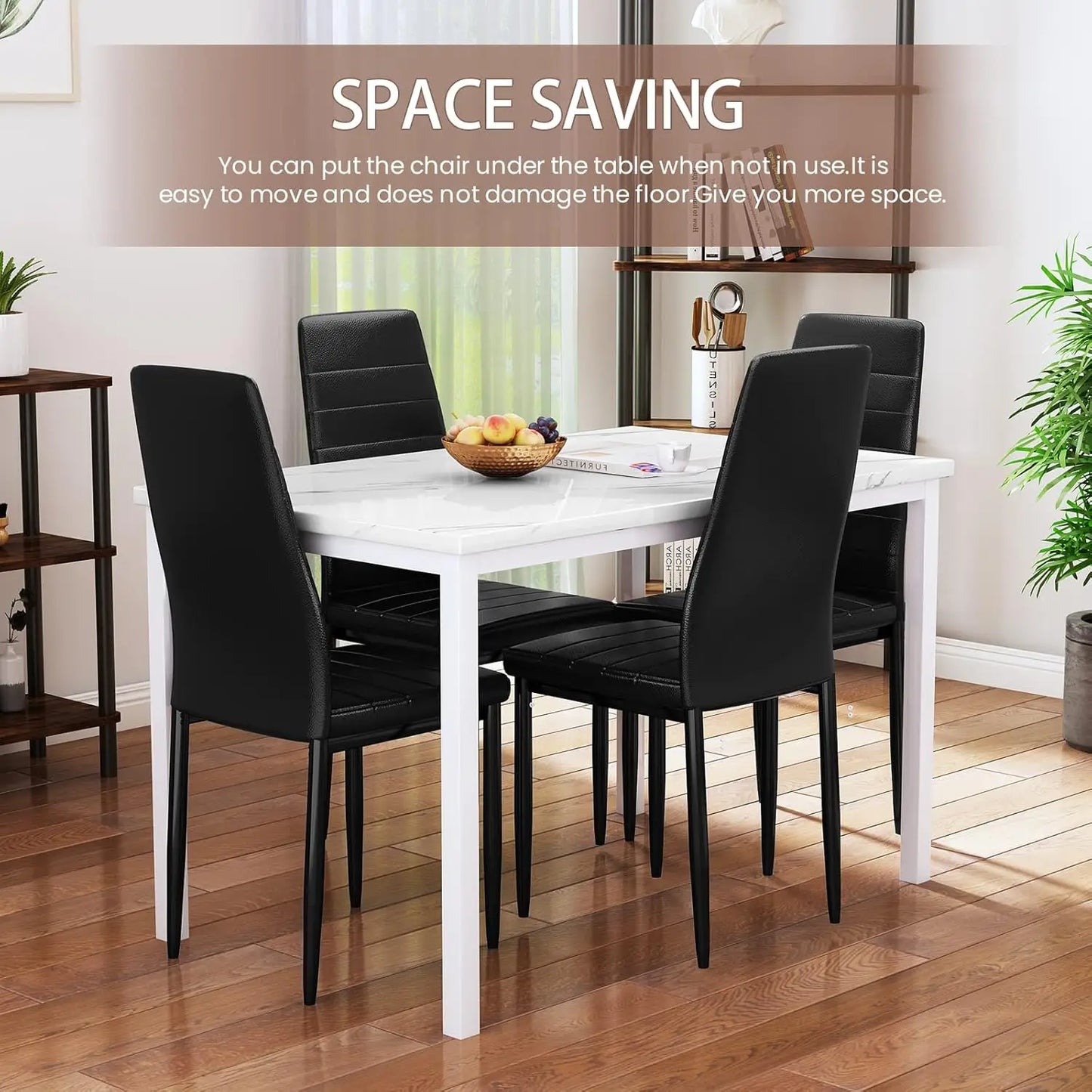 XMSJ 5-Piece Dining Table Set – Marble-Style Top with 4 PU Leather Chairs Living Room Decor – Wall Art, Curtains, Clocks, Furniture & More\