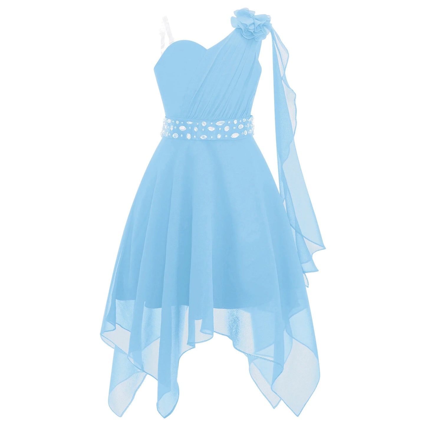 Girl clothing - Chiffon Flower Dress – Elegant One-Shoulder Party Gown with Rhinestone Sash
