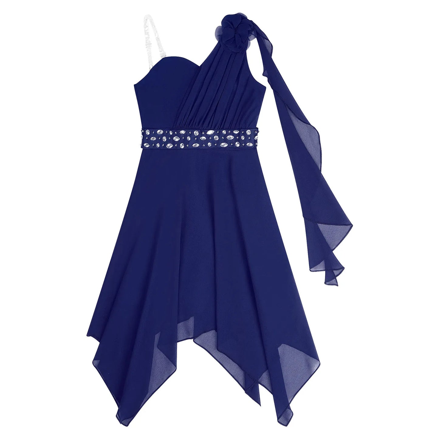 Girl clothing - Chiffon Flower Dress – Elegant One-Shoulder Party Gown with Rhinestone Sash
