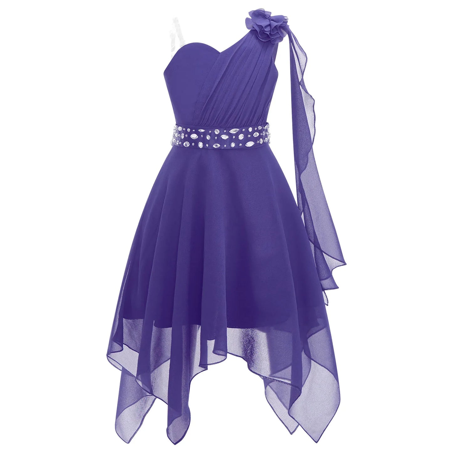 Girl clothing - Chiffon Flower Dress – Elegant One-Shoulder Party Gown with Rhinestone Sash