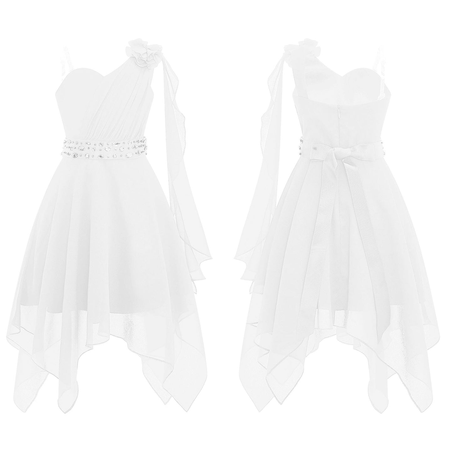 Girl clothing - Chiffon Flower Dress – Elegant One-Shoulder Party Gown with Rhinestone Sash