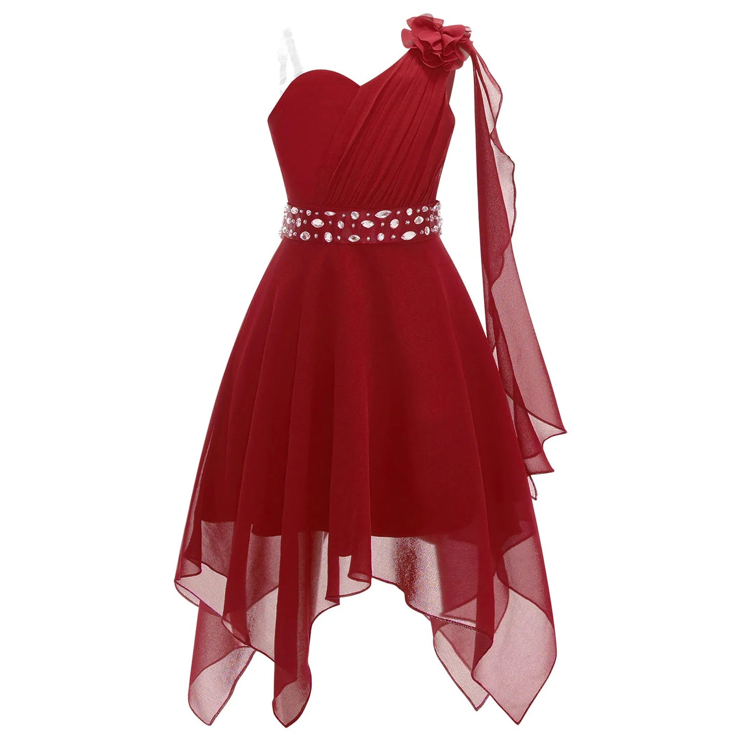 Girl clothing - Chiffon Flower Dress – Elegant One-Shoulder Party Gown with Rhinestone Sash