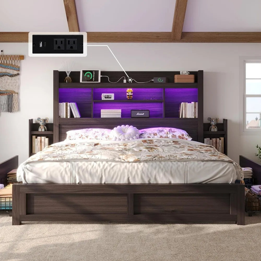 MKDK Smart Storage Bed Frame – Wood Grain Finish with Drawers, Headboard Charging & RGB LED Living Room Decor – Wall Art, Curtains, Clocks, Furniture & More\