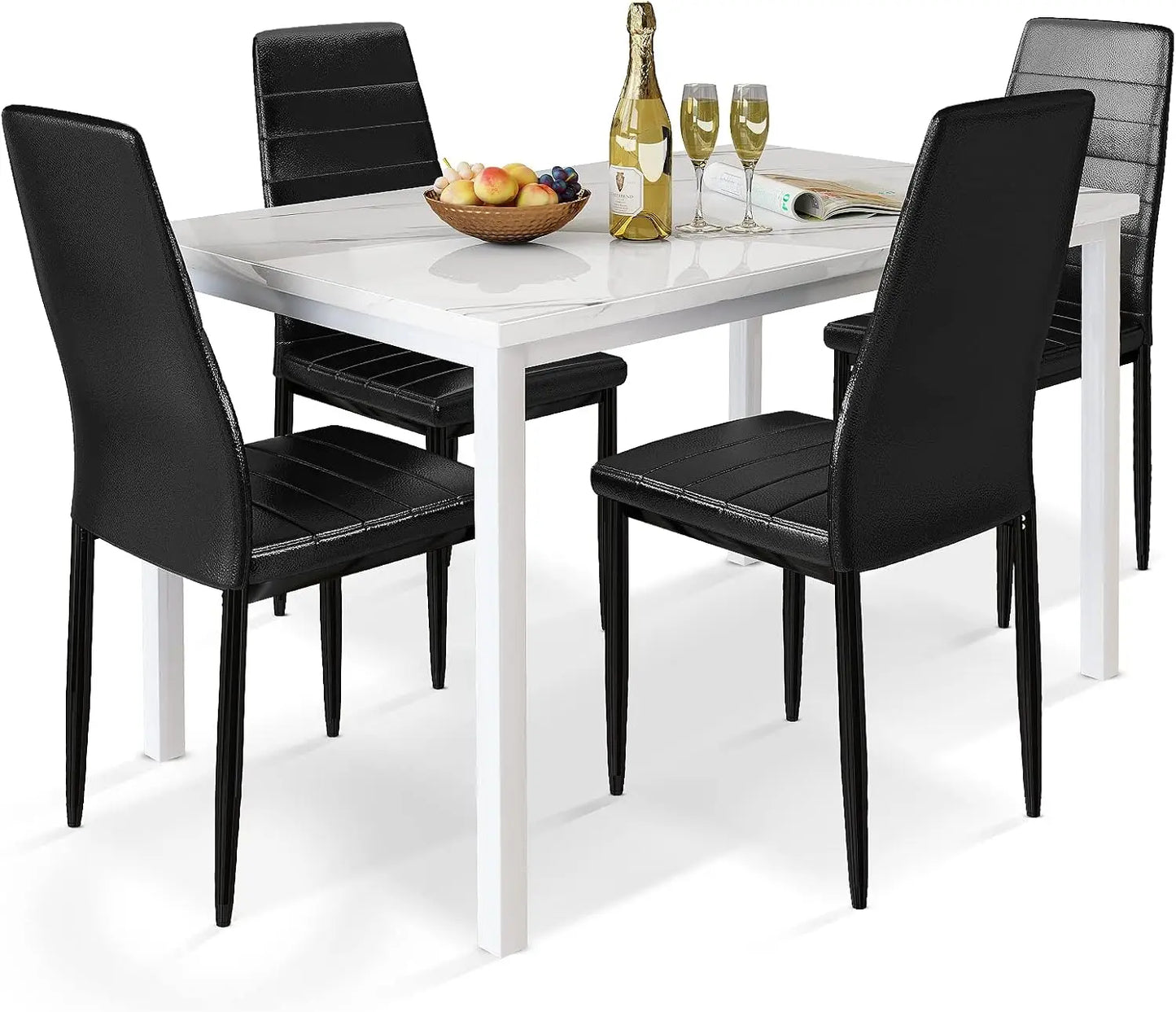 XMSJ 5-Piece Dining Table Set – Marble-Style Top with 4 PU Leather Chairs Living Room Decor – Wall Art, Curtains, Clocks, Furniture & More\