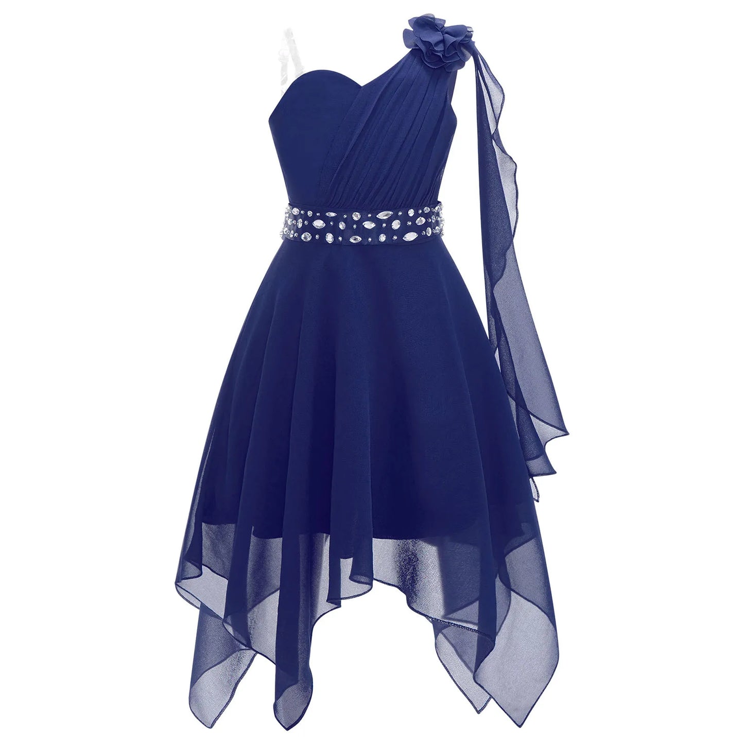 Girl clothing - Chiffon Flower Dress – Elegant One-Shoulder Party Gown with Rhinestone Sash