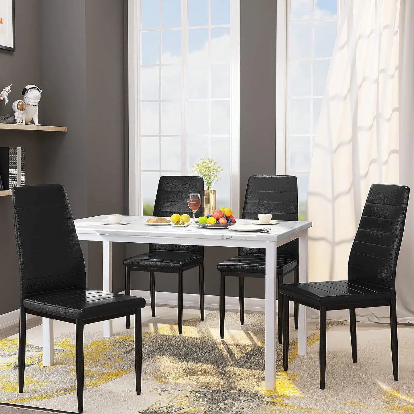 XMSJ 5-Piece Dining Table Set – Marble-Style Top with 4 PU Leather Chairs Living Room Decor – Wall Art, Curtains, Clocks, Furniture & More\
