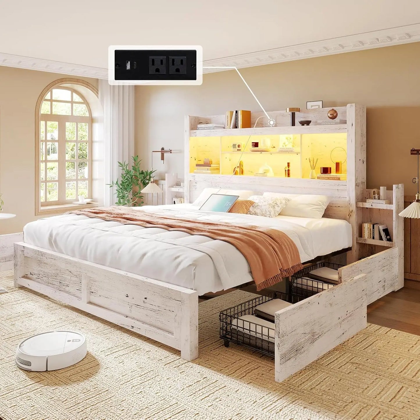 MKDK Smart Storage Bed Frame – Wood Grain Finish with Drawers, Headboard Charging & RGB LED Living Room Decor – Wall Art, Curtains, Clocks, Furniture & More\