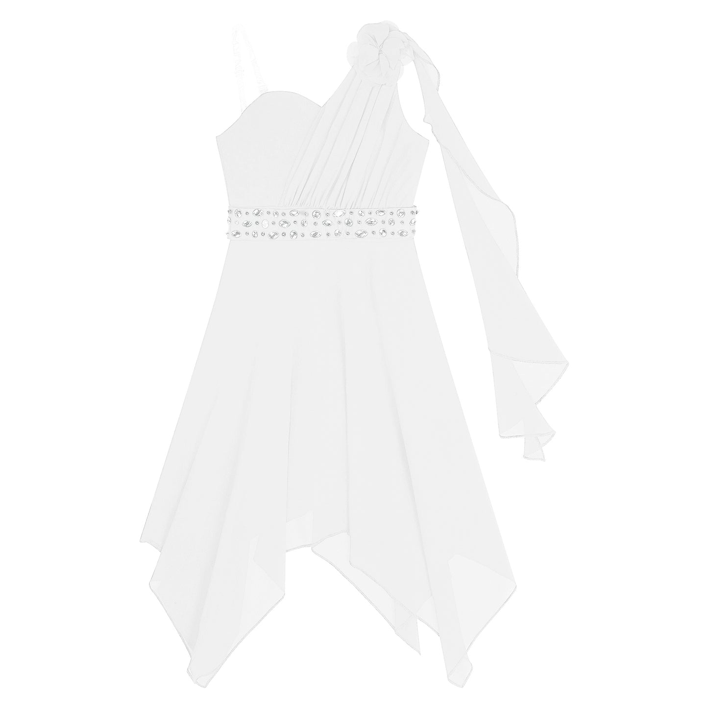 Girl clothing - Chiffon Flower Dress – Elegant One-Shoulder Party Gown with Rhinestone Sash