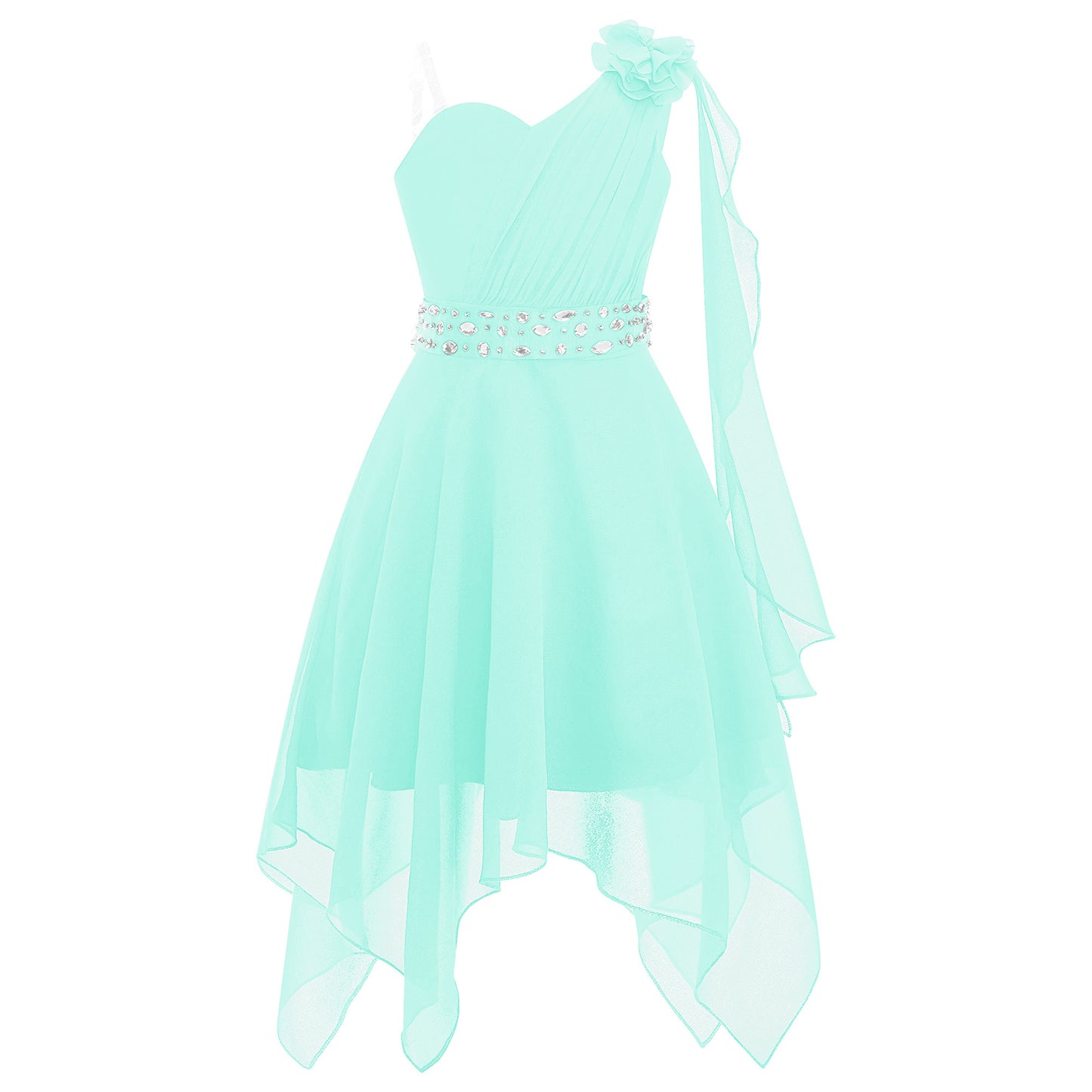Girl clothing - Chiffon Flower Dress – Elegant One-Shoulder Party Gown with Rhinestone Sash